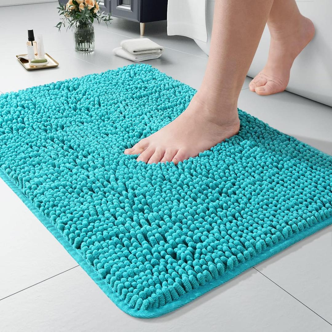 LOCHAS Luxury Bathroom Rug Shaggy Bath Mat 24 x 17 Inch, Washable Non Slip Bath Rugs for Bathroom Shower, Soft Plush Chenille Absorbent Carpets Mats, Teal Blue