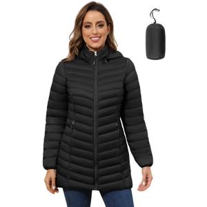 ROYAL MATRIX Women's Packable Puffer Jacket - Lightweight Winter Warm Long Quilted Puffer Coat with Detachable Hood (Medium, Jet Black)