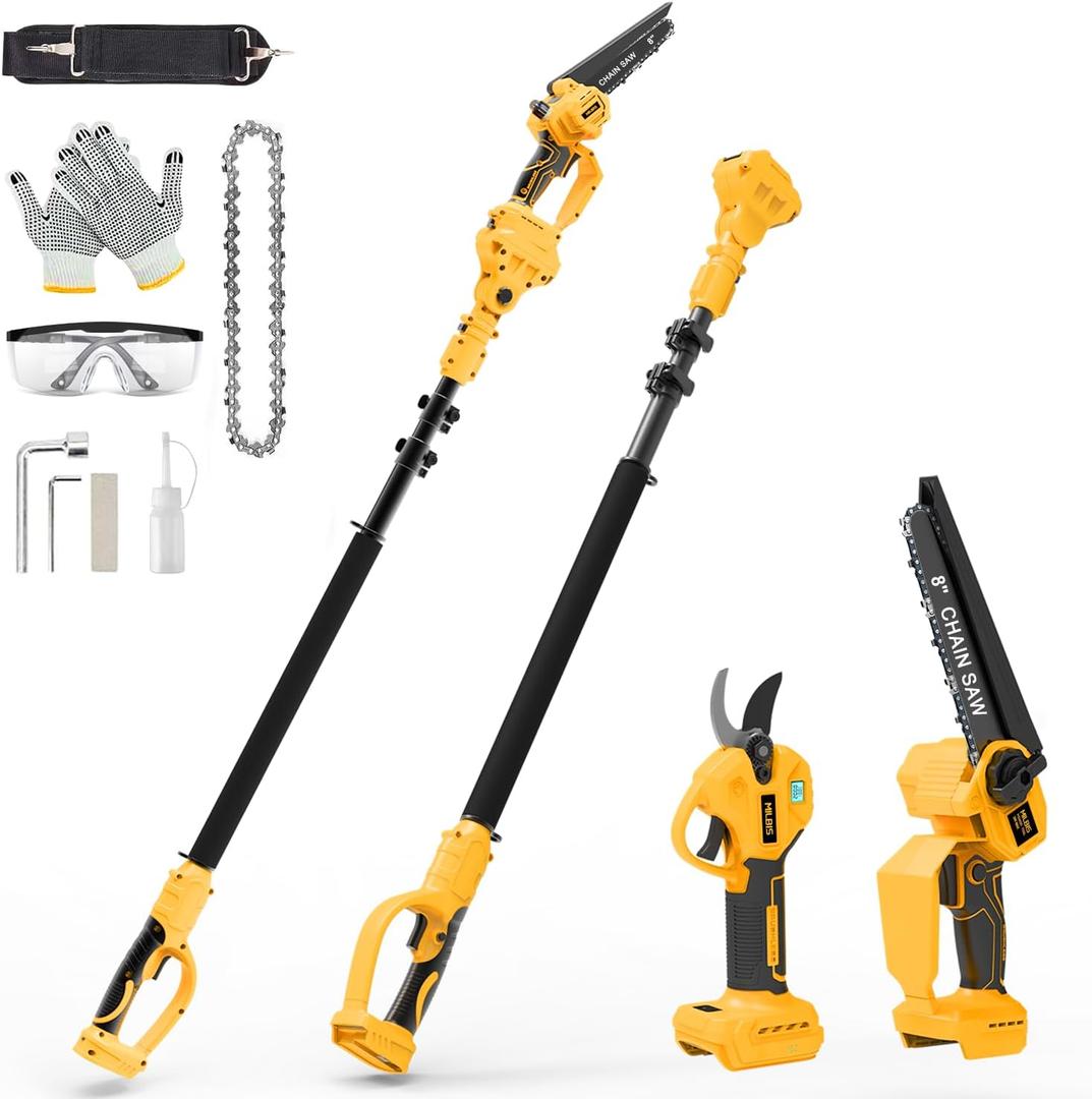 4-in-1 Cordless Pole Saw & Electric Pruning Shears for DeWalt 20V Battery, 8 Inch Brushless Mini Chainsaw with Extension Pole, 15 Ft Reach, Auto Oiling, for Tree Trimmer Branch Cutter(NO Battery) (Yellow)