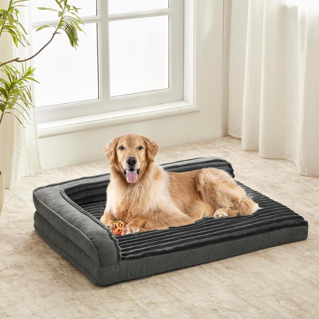 WINDRACING Orthopedic Dog Beds for Large Dogs, XLarge Waterproof Dog Bed with L Bolster Sides, Washable Big Pet Bed with Removable Cover & Non-Slip Bottom, 40 x 28 inch, Gray