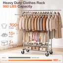 Heavy Duty Clothes Rack Load 960LBS, Adjustable Three Rods Rolling Garment Rack with Double-Layer Bottom Shelf, Portable Commercial Clothing Rack for Hanging Clothes with Wheels, Silver