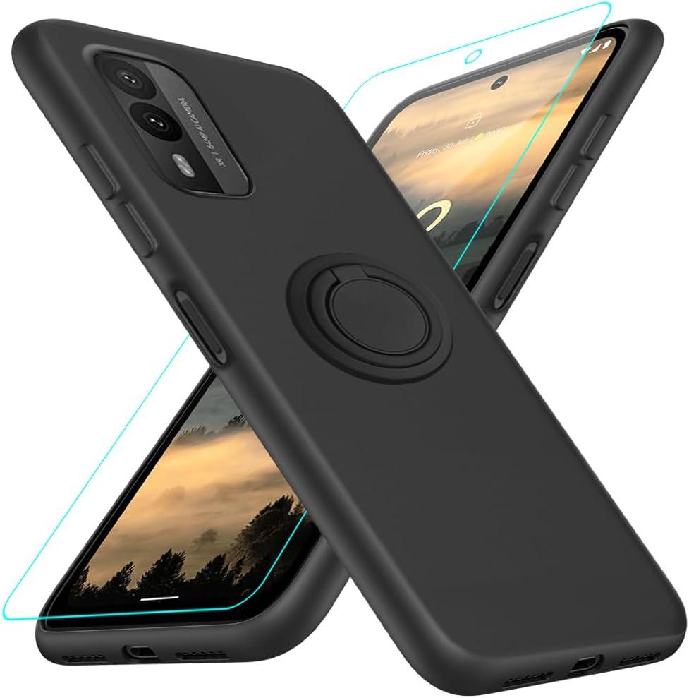 for Nokia XR21 5G Phone Case with Glass Screen Protector, 360 Rotatable Ring Holder Magnetic Kickstand/Stand Silicone TPU Shockproof Protective Cover Case for Nokia XR21 5G - Black