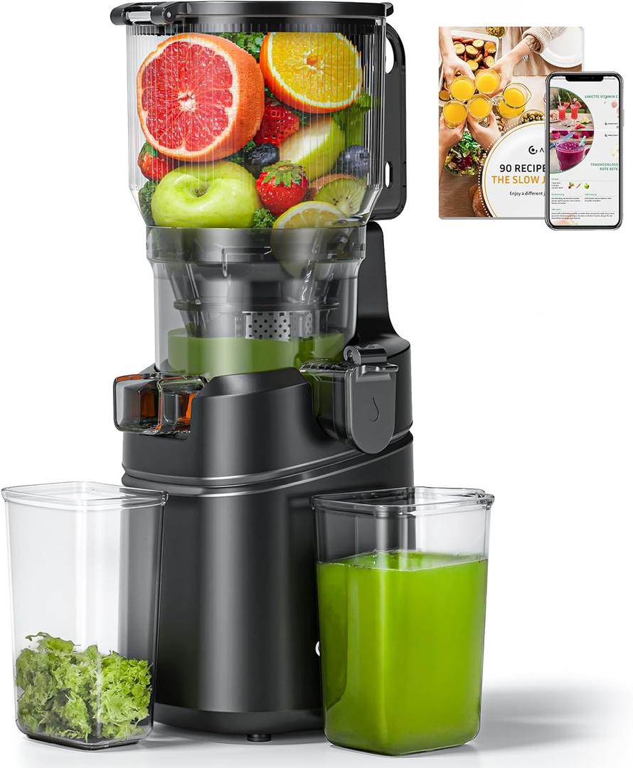 Cold Press Juicer Machine, 6.3" Wide Chute for Whole Fruits & Vegetables | AMZCHEF Self-Feeding Slow Masticating Juicer, 3-in-1 for Juice, Nut Milk, Sorbet, Triple Filtration, Easy Clean
