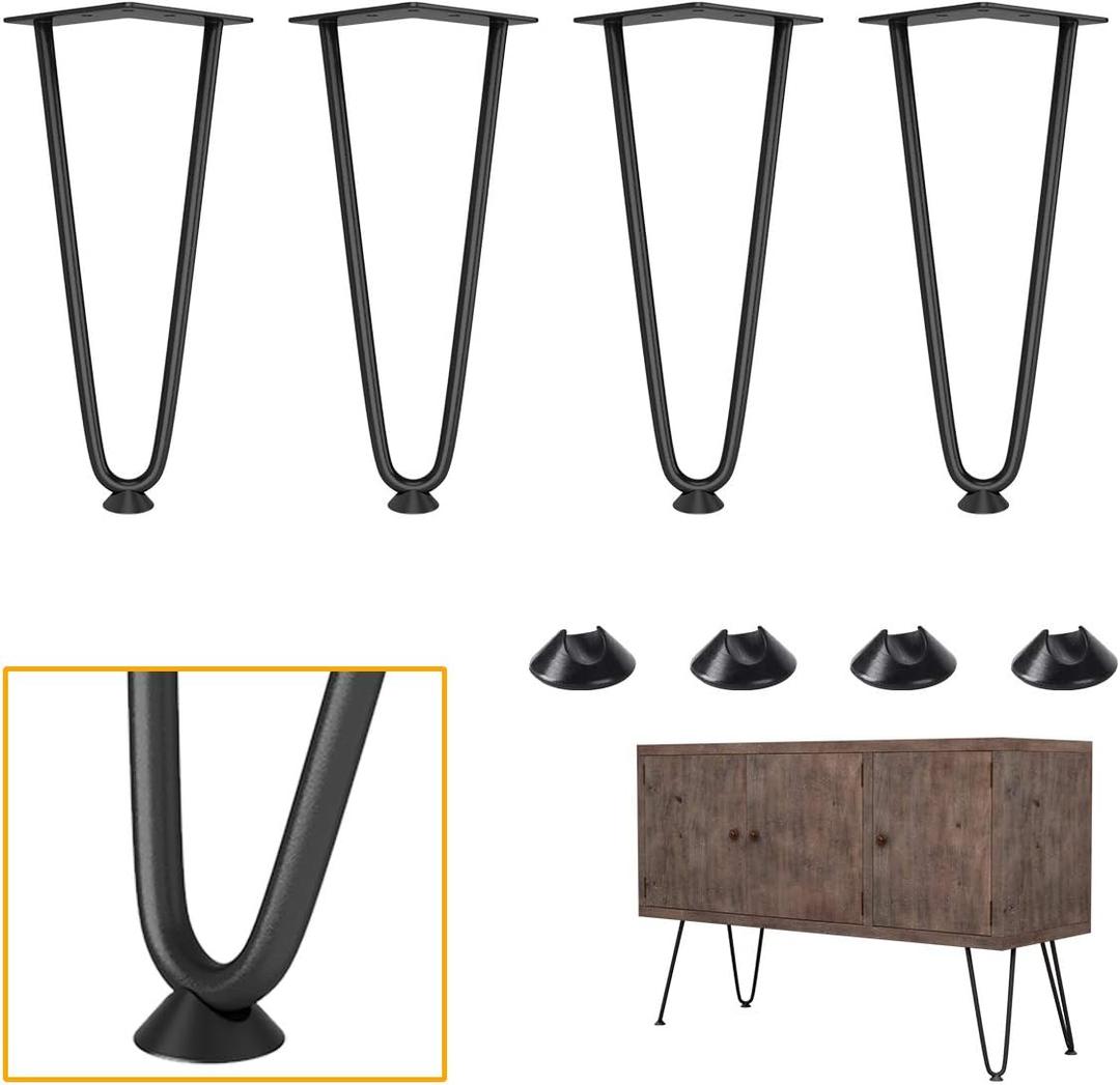 Genius Iron Hairpin Furniture Legs 10 inch, 3/8" Solid Metal Steel Firm Welding Home DIY for Couch Dresser Cabinet Shelf TV Stand with Rubber Floor Protectors, Black, 4 PCS