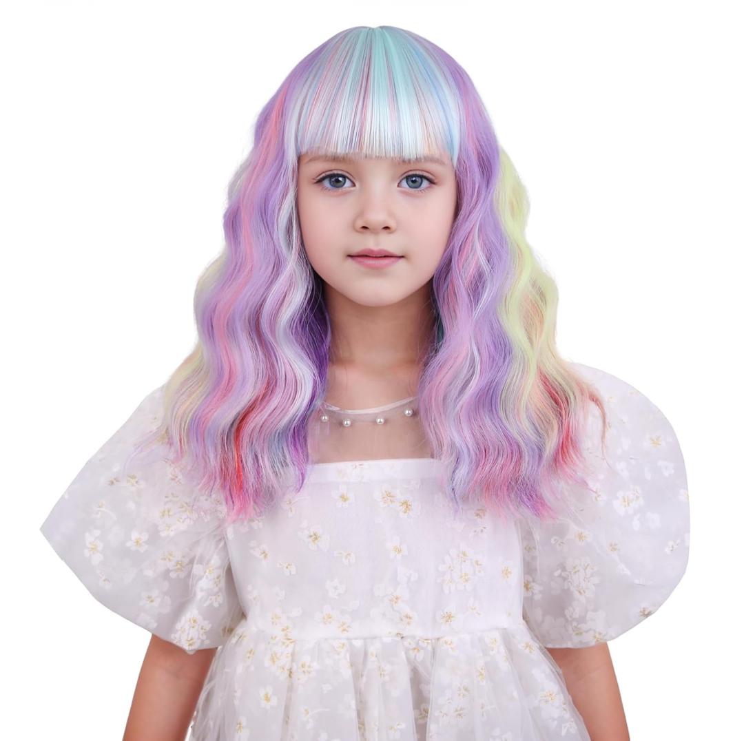 Girls Rainbow Wig Kids Colored Wig with Bangs Child Short Curly Colorful Wigs Synthetic Cosplay Hair Wig