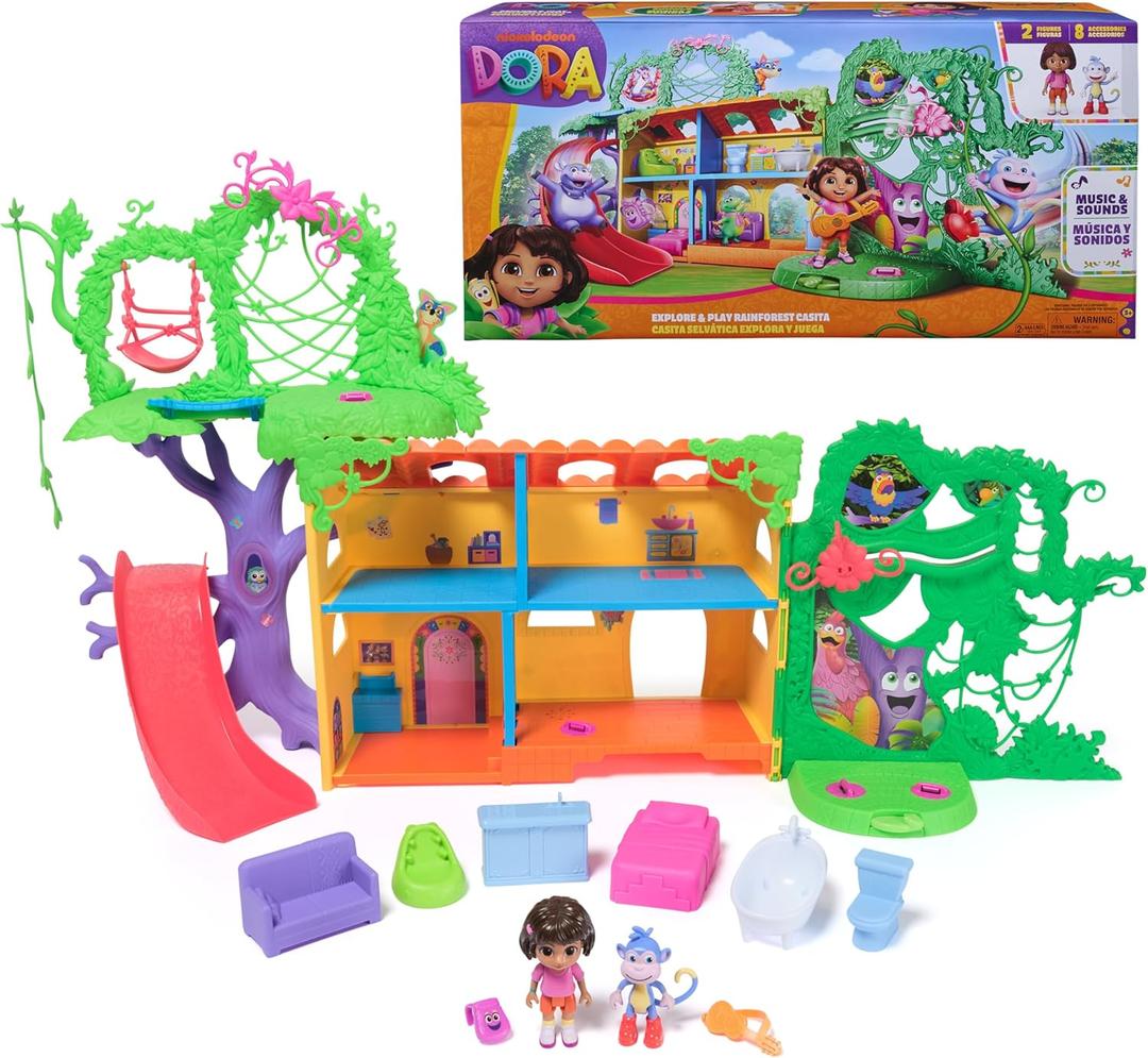 Dora, Explore & Play Rainforest Casita Playset, Dora & Boots Figures, Dollhouse Furniture, Bilingual Phrases, Kids Toys for Girls & Boys Ages 3 and Up