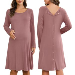 Ekouaer Women Maternity Nightgown Labor Delivery Nursing Gown Hospital Breastfeeding Dress Button Down Long Sleeve Sleepwear, Dusty Pink 2XL