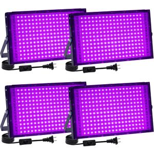 4 Pack 200W Black Light, LED Blacklight with US Plug and Switch, Black Lights for Glow and Neon Parties, Halloween, Body Painting, Birthday Party, Fluorescent Painting and Tapestry