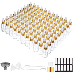 PrettyCare Glass Dropper Bottles 99 Pack, 1oz (30ml) Clear Empty Thick Bottles Bulk with Leakproof Golden Caps - With Labels & Funnels for for Storage, Travel,Essential Oils, DIY Serums