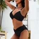 Women's Bikini Sets Tummy Control Two Piece Swimsuits Gold Metal V Neck Twist Front Bathing Suit (Black, M)