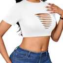 Remidoo Women's Sexy Distressed Ripped Crop Top Short Sleeve Cropped T Shirt Summer Cutout Tops White Small (White, S)