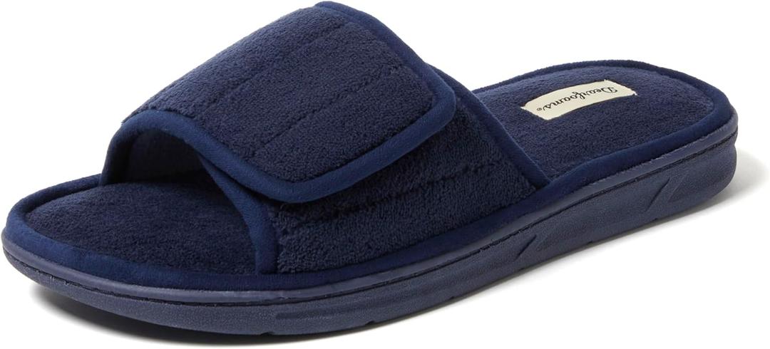 Dearfoams Men's Adjustable Indoor/Outdoor Memory Foam Machine Washable Summer Slide Slipper (7-8, Navy)