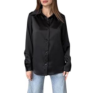 Women's Satin Button Down Shirts Casual Long Sleeve Work Shirt Dress Blouses Tops (Large, Black)