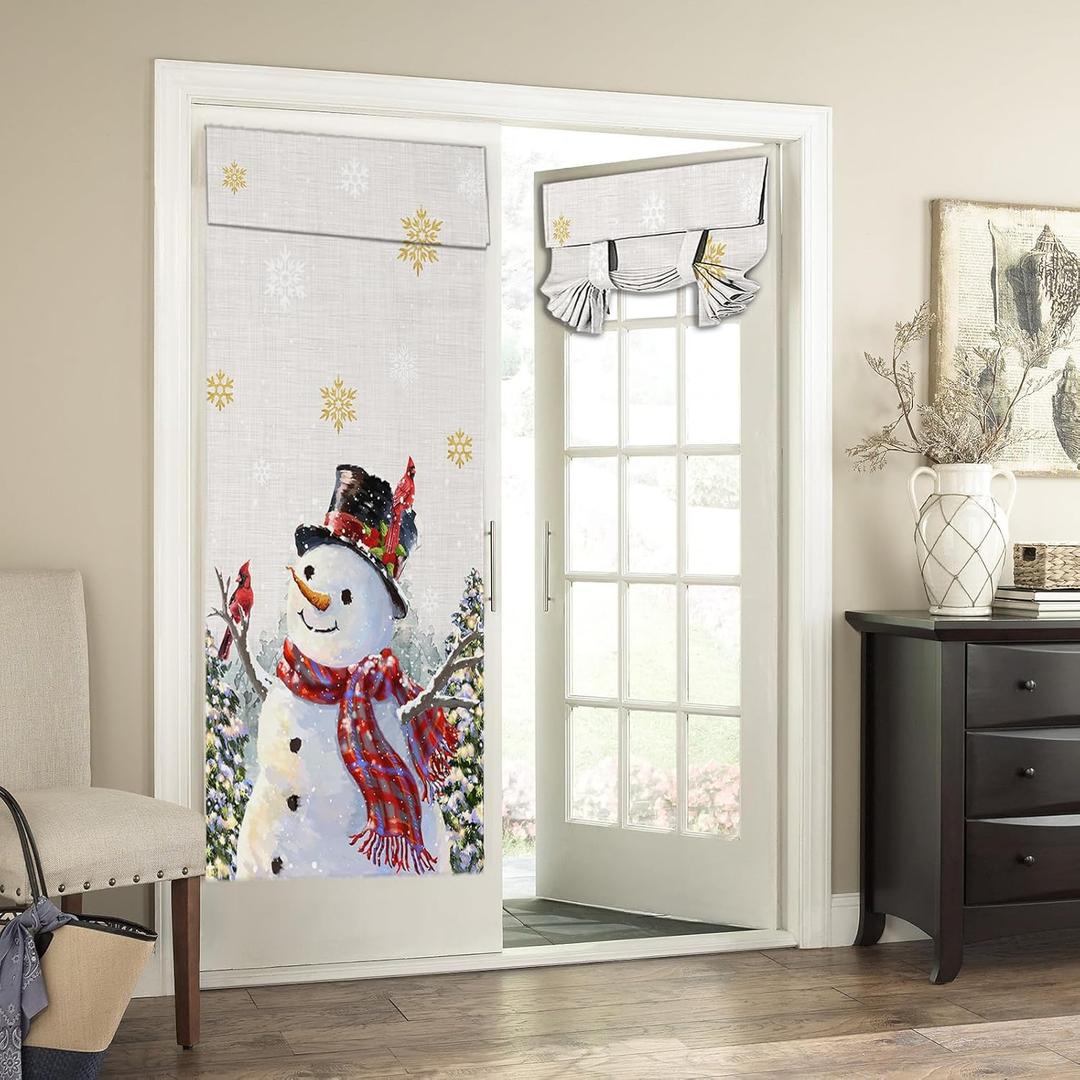 Christmas Tree Snowman French Door Curtains for Windows,White Gold Snowflake Front Door Window Curtains for Glass,Privacy Tie Up Blinds Thermal Insulated Shades26 x 70 inch