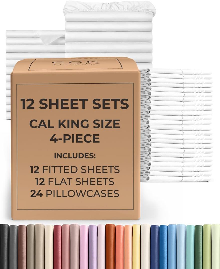 Bulk Case Pack of 12 Sheet Sets - (12) Complete Sheet Sets - Bulk Cal King Bedding - Wholesale Case Pack for Hotels, Spa & Airbnbs - Deep Pocket & Wrinkle Free - Cooling & Breathable - Cal King, White