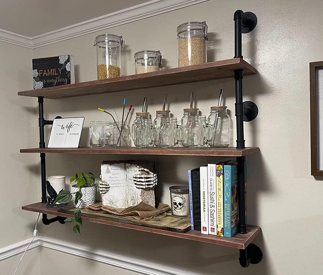 HDDFER Floating Shelves,Wall Mounted Rustic Wood Shelf,Pipe Shelves,Industrial Pipe Shelving with Real Wood Planks 48 inch Industrial Wall Shelves Hanging Bookshelf Farmhouse Kitchen Bar Shelving, 3Tier48in