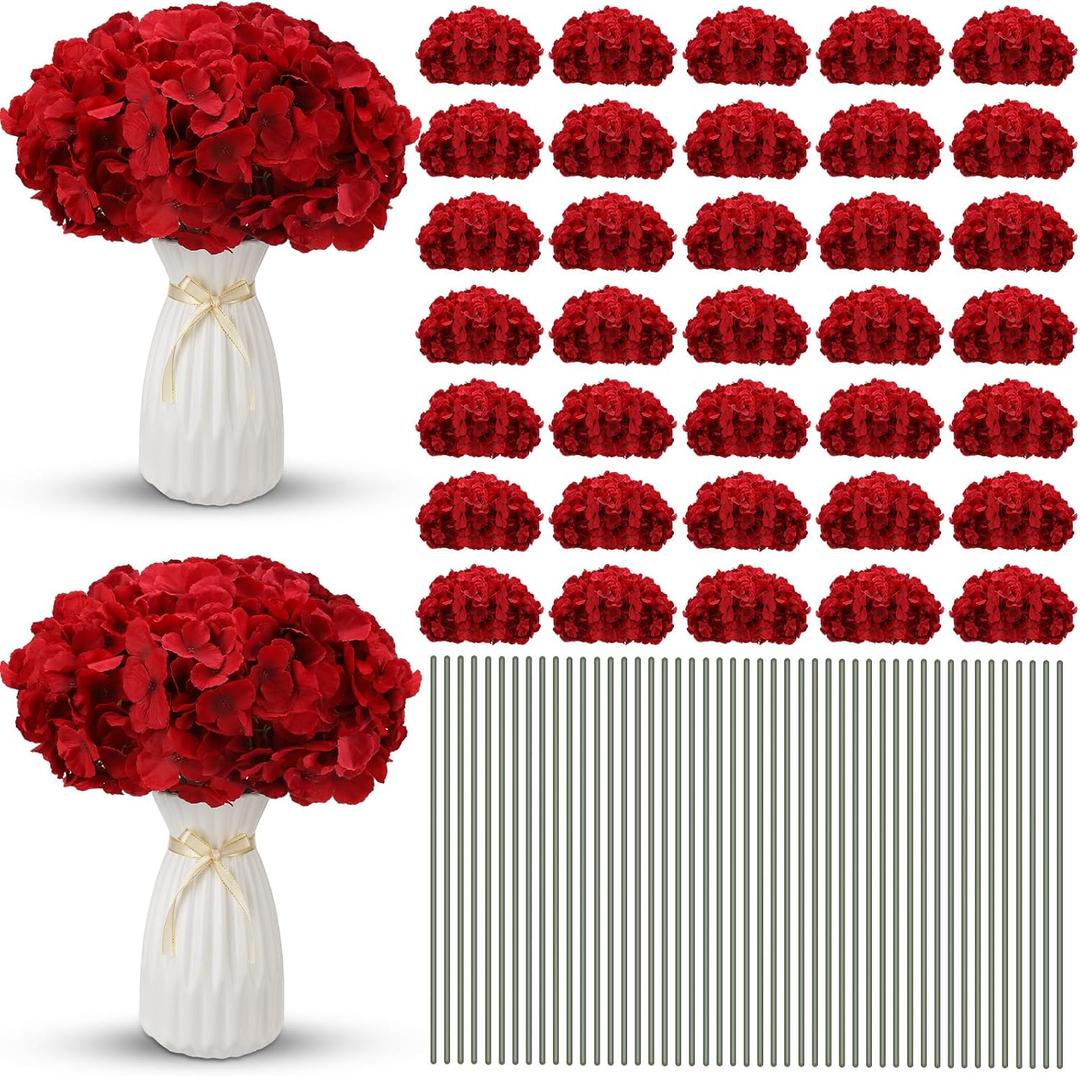 Unittype 200 Pieces Silk Hydrangea Artificial Flowers Heads with Stems Faux Hydrangea Flowers for Wedding Centerpieces Bouquets DIY Floral Decorations for Home Indoor (Burgundy)