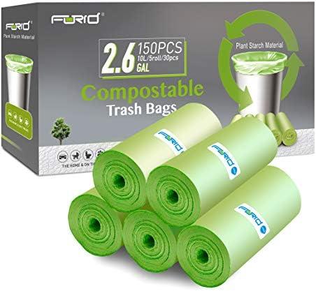 FORID 2.6 Gallon Compostable Garbage Bags, 150 Count, 3 Rolls – Green, Small, Durable, Thick, Unscented Trash Bags, 10 Liter - For Kitchen, Bathroom, Home, Office