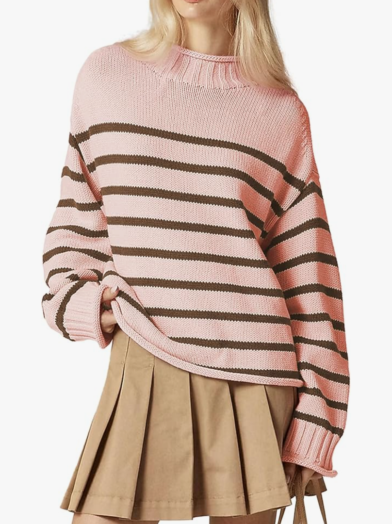 Oversized Sweaters for Women Roll High Neck Hem Long Sleeve Soft Chunky Cable Knit Striped Pullover Tops Outerwear L