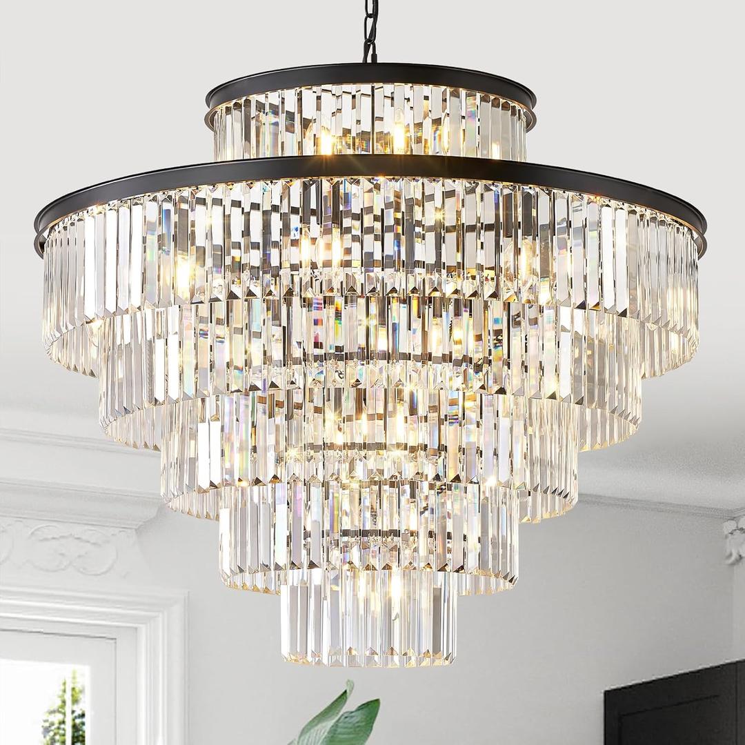 CATINER Large Crystal Chandeliers 23 Lights 36" Modern Black Luxury Chandelier for Foyer Staircase Chandeliers 6 Tiers Round K9 Ceiling Pendant Lighting Fixture for Living Dining Room