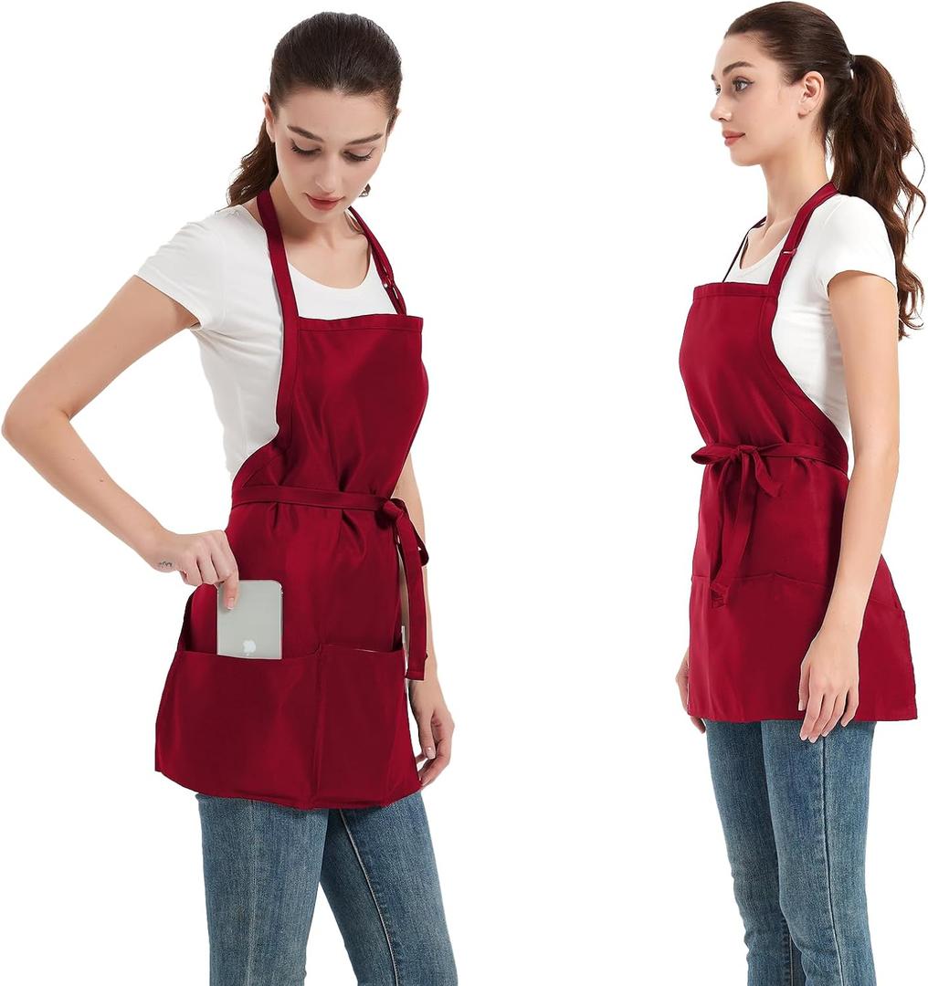 Waterproof Server Apron, Aprons for Women with 3 Pockets, Machine Washable Aprons for Cooking, Men Chef Apron (One Size, Red, 2 Pack)