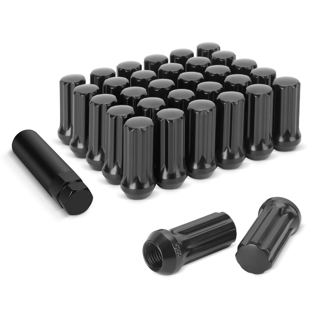 DYNOFIT 14mmx1.5 Wheel Lug Nuts, 32x Black M14x1.5 Lug Nut, Conical/ Cone Bulge Seat, Closed End Long Extended XL Spline with 1 Socket Key Fits 8 Lug Aftermarket Wheels
