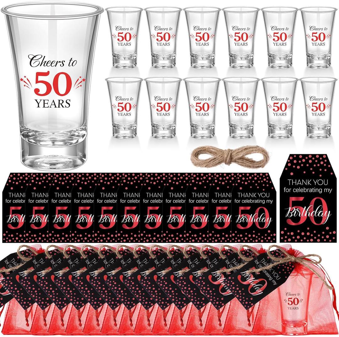 Pickmesh 50 Sets Black Red Birthday Party Favors for Guests Souvenir 50 Years Old Gift Acrylic Clear Shot Glasses with Thank You Cards and Gift Bags Twine Organza Bags, 50th Birthday Party Supplies