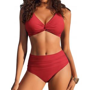 AI'MAGE High Waisted Bikini Sets Two Piece Tummy Control Swimsuits V Neck Summer Beach Swim Bathing Suits XL (Red)