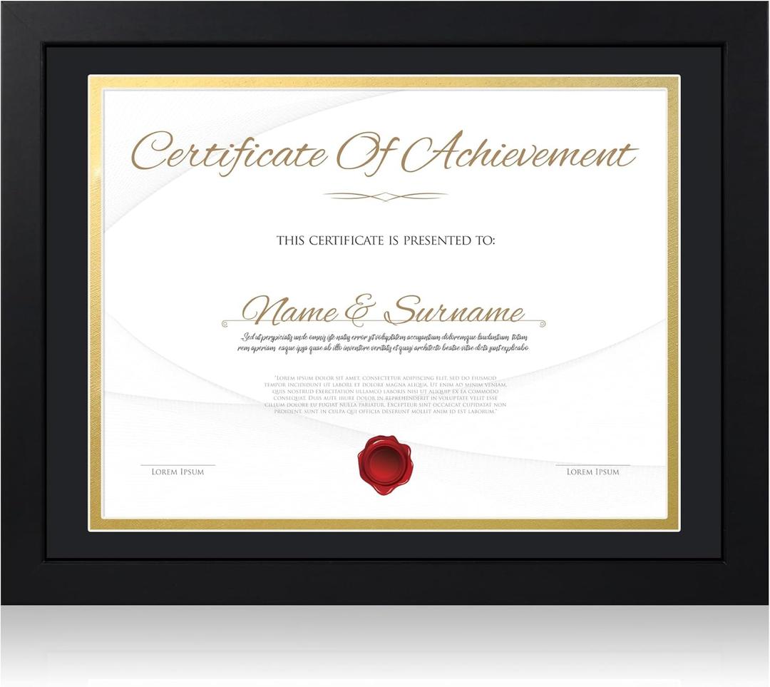 8.5x11 Diploma Frame with Real Glass - Set of 1, Black Over Gold Double Mat - Display 8.5 x 11 Document Certificate with Mat or 10x13 Pictures without Mat for Tabletop & Wall Mount
