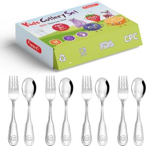 8 PCS Toddler Utensils,18/10 Stainless Steel Kids Silverware Forks and Spoons Set, Flatware with Dog & Cat Pattern for Children Ages 3-7 Year Old, Anti-Slip Forks, Mirror Polished, Dishwasher Safe