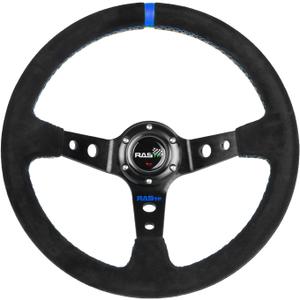 RASTP Universal Racing Steering Wheel Suede Deep Dish 13.58/345mm 6 Bolts with Horn Button Include Cable,Wrench (Blue)