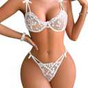 Sexy Cute Strappy Underwire Mesh Heart Embroidered Sheer Lingerie Set 2 Piece (Medium, Bow White)