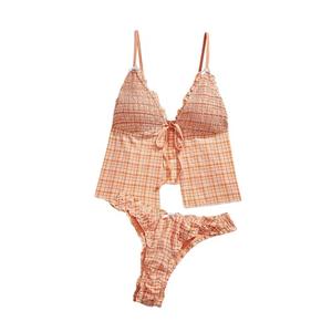 GORGLITTER Women's Tie Front Gingham Tankini Swimsuits Checkered Ruffle Split High Cut Bathing Suit Bikini 2 Piece Orange, Medium