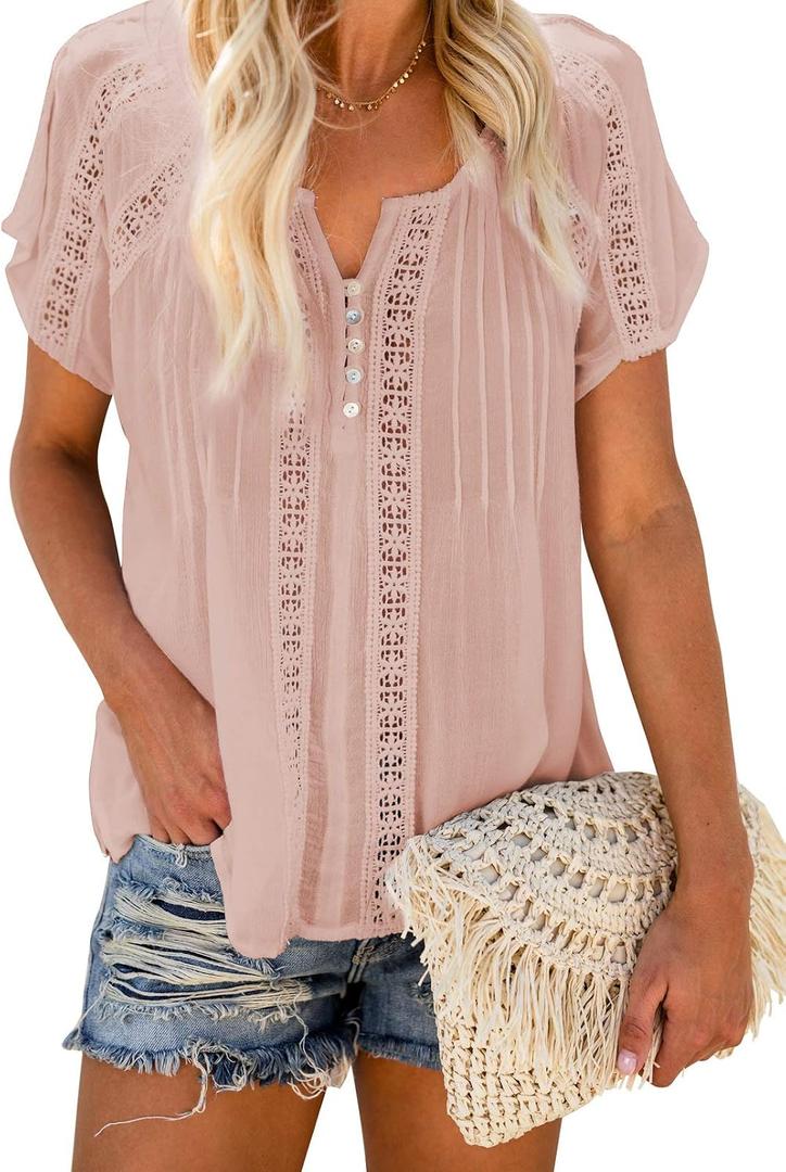 Dokotoo Women's Stylish 2024 Spring Button V Neck Lace Crochet Eyelet Flowy Short Sleeve Blouses Fashion Solid Casual Loose Summer Shirts Tops Resort Wear for Women Pink XL