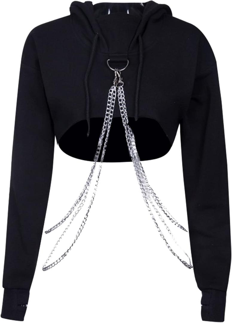 AULKEEP Womens Goth Punk Iron Chain Strap Hooded Crop Tops Cotton Black Hoodie Pullover Sweatshirt (XX-Large)