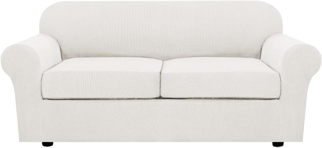 H.VERSAILTEX 3 Piece Stretch Sofa Covers for 2 Cushion Sofa Couch Covers for Living Room Sofa (Base Cover Plus 2 Seat Cushion Covers) Thicker Jacquard Fabric (Large Sofa, Porcelain White)