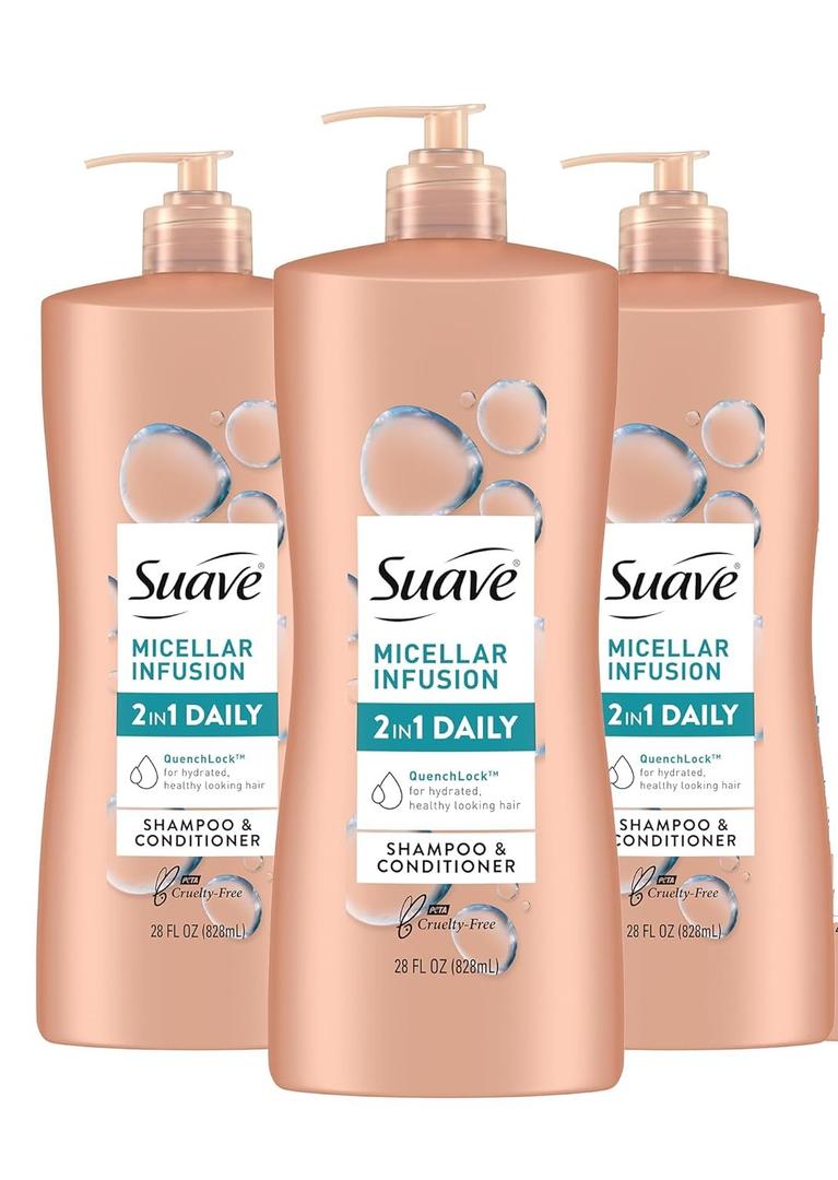 Suave 2 in 1 Shampoo and Conditioner with Micellar Infusion, cleansing and conditoning For All Hair Types, 28 oz Pack of 3