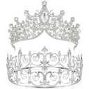 Junkin 2 Pcs Crowns for Men Women Baroque Queen Crown King Prince Tiara Princess Crystal Headband Rhinestone Prom Party (Silver)