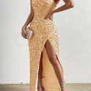 Womens Sequin One Shoulder Sleeveless Wedding Guest Dresses High Split Sparkly Glitter Gowns Bodycon Maxi Dresses (S)