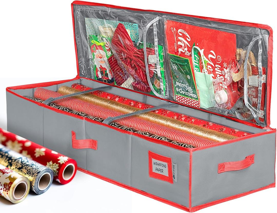 2 x HOLDN' STORAGE Premium Wrapping Paper Storage Container - Durable 600D Tear-Proof, Fits 27 Rolls Gift Wrap, Extra Pockets for Ribbons & Bows, Underbed Storage - Ideal for Holiday Christmas, Grey/Red Trim