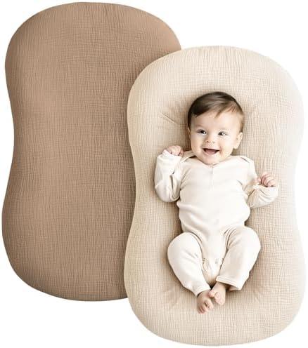 Konssy Muslin Baby Lounger Cover 1 Pack, 100% Cotton Newborn Lounger Cover, Soft and Breathable Baby Nest Slipcover for Boys Girls (Wheat)