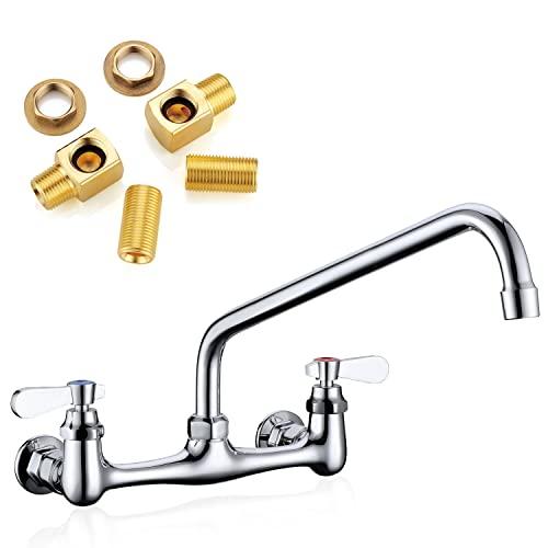 Favorpo Wall Mount Commercial Sink Kitchen Faucet 8 Inch Adjustable Center | 14 Inch 360 Swivel Spout, Lead-free Brass, For Restaurant Laundry Utility Room, Easy to Install