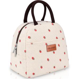 BALORAY Lunch Bag for Women Men Insulated Lunch Box for Adult Reusable Lunch Tote Bag for Work, Picnic or Travel (Corduroy Beige with Strawberry)