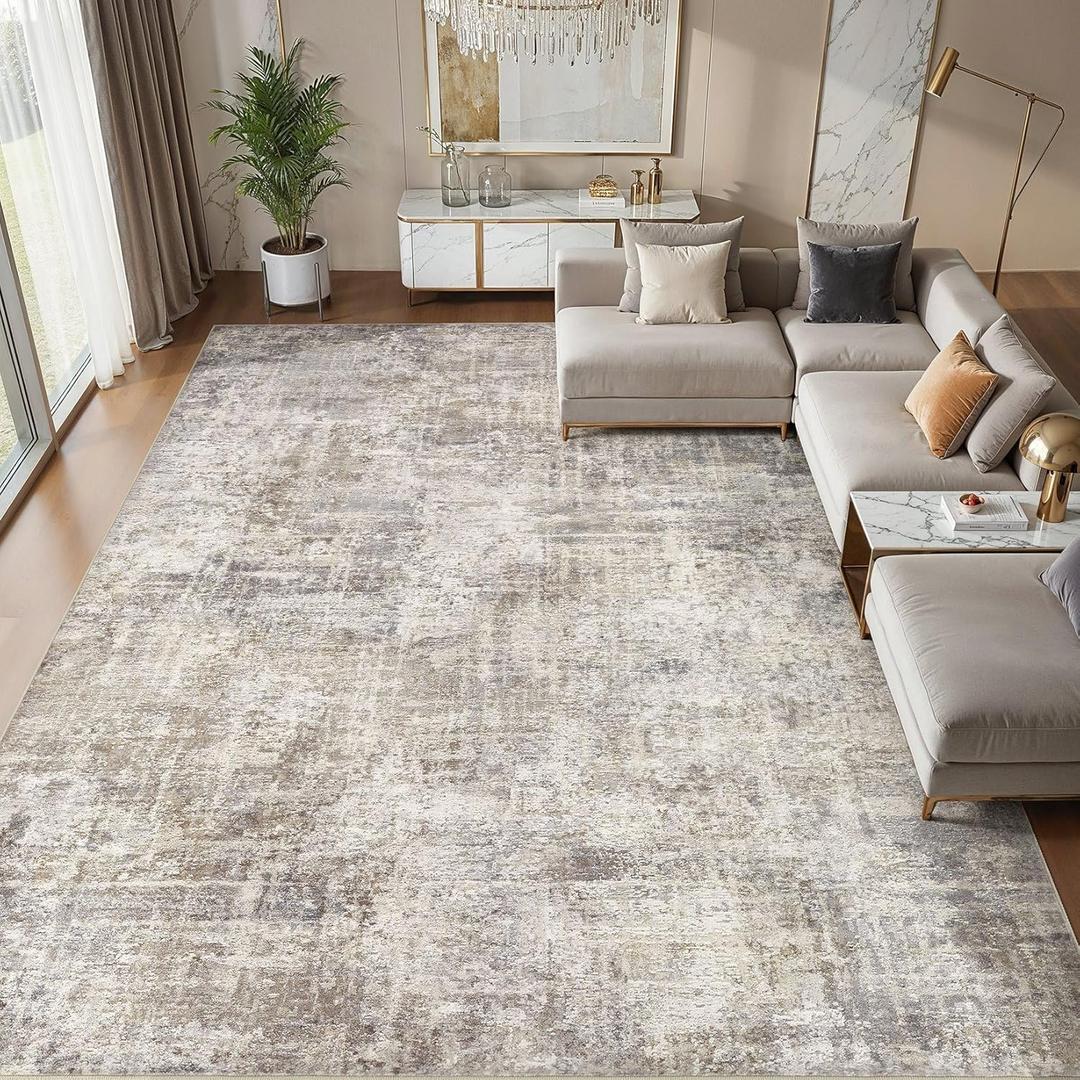 cotiled Washable 10x14 Area Rug for Living Room - Modern Abstract Carpet with Non-Slip Backing, Low Pile & Soft, Stain Resistant, Kid & Pet Friendly Decor for Bedroom & Dining Room - Brown Grey