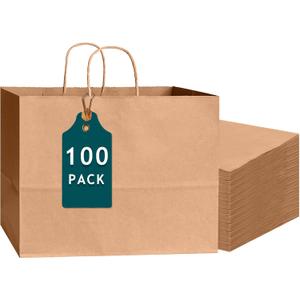Bakepacker 100-Pack Wide Large Size Paper Bags With Handles Bulk 12.6"x4.3"x10" Brown Party Kraft Shopping Bags