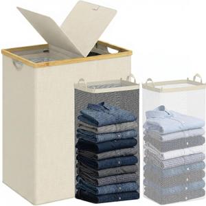 Efluky Laundry Hamper with Lid, Double Laundry Basket with 2 Removable Bags, 2 Section Laundry Bin with Bamboo Handles for Bathroom, Bedroom & Laundry Room, 170L (44.9 Gallon) Beige, 170L Dual