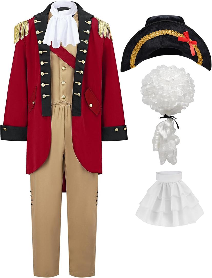 Mens Founding Father Costume Adult Revolutionary War Outfit Colonial Costume Military with Wig Hat (Large, Red)