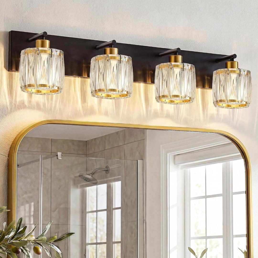 VOLISUN Crystal Vanity Lights for Bathrooms, 4 Light Bathroom Vanity Light, Black and Gold Bathroom Light Over Mirror, Modern Bathrooms Lights Fixtures-UL Certificated(Exclude Bulb)