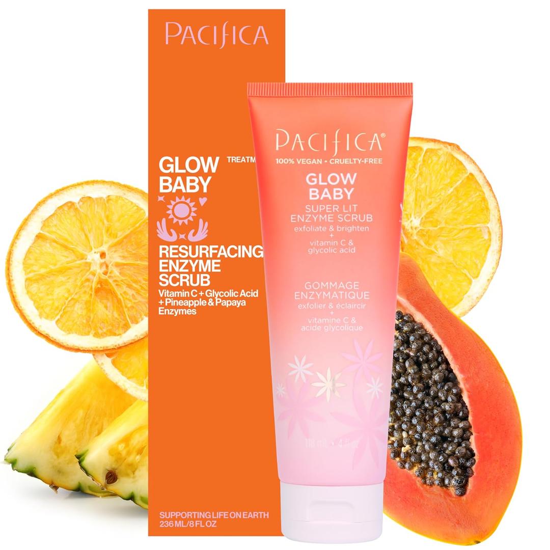 Pacifica Glow Baby Exfoliating Face Scrub, Brightening Enzyme Facial Cleanser w/Vitamin C & Glycolic Acid for Radiant Smooth Skin, Unclogs Pores & Removes Dead Skin, Microbead-Free Vegan (4 fl oz)