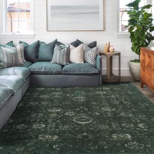 Dark Green Floral Area Rug 5x7,Washable Boho Rugs for Bedroom Living Room,Super Soft Dining Room Carpet Upgraded Anti-Slip Backing Rug for Farmhouse Kids Playroom,Dark Green and Cream